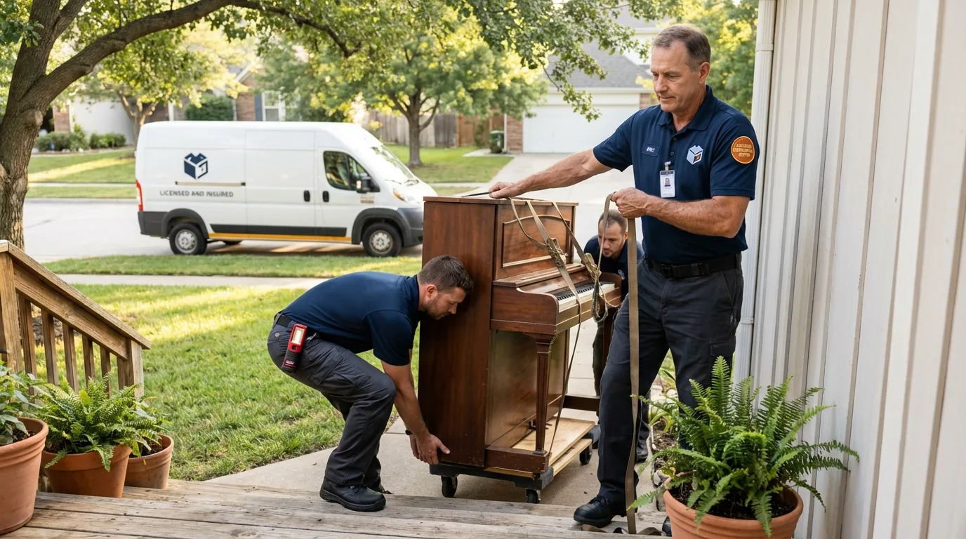Licensed piano movers securing grand piano in Monticello, UT