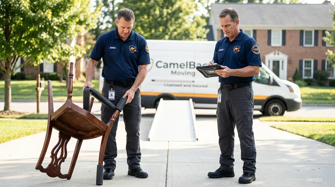 Movers inspecting furniture for damage prevention before loading in Monticello, UT