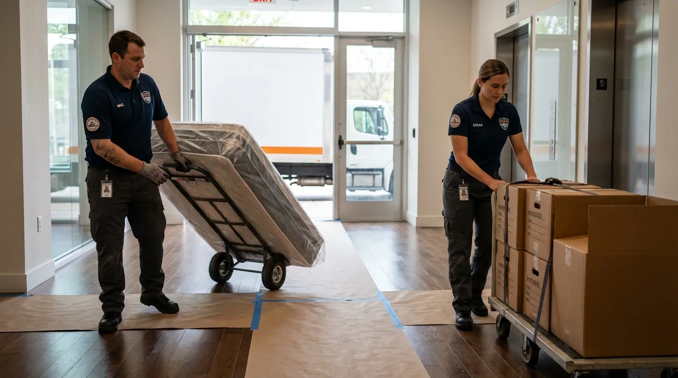 Professional apartment movers loading elevator in Monticello, UT